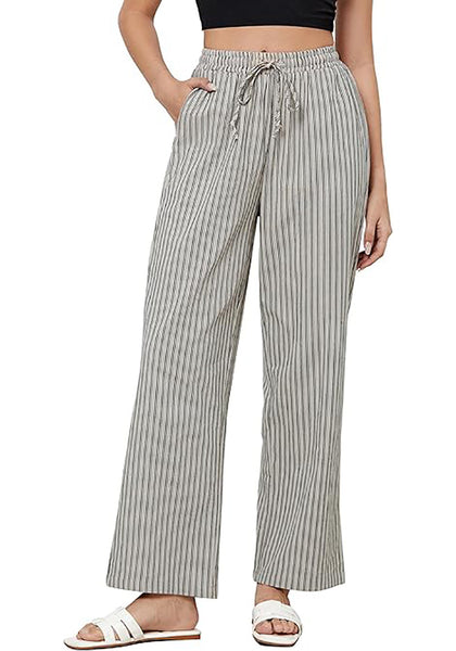 GRAPENT Striped Pants for Women High Waisted Wide Leg Cotton Linen Trendy Beach Pull on Elastic Waist Casual Flowy Pants