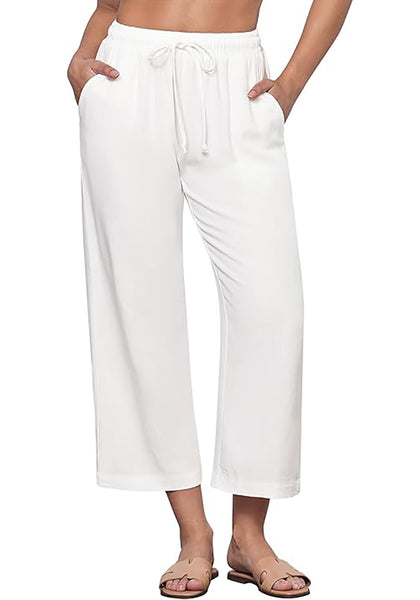 GRAPENT Linen Pants for Women High Waisted Wide Leg Capri Elastic Waist Casual Beach Flowy Cropped Summer Capris Pants