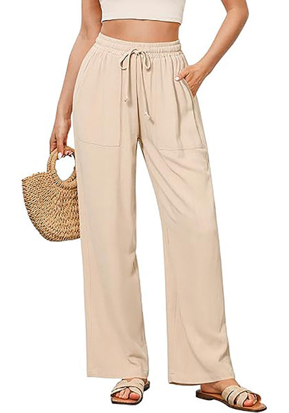 GRAPENT Linen Pants for Women Wide Leg High Waisted Baggy Drawstring Elastic Waist Palazzo Trousers Pants with Pockets