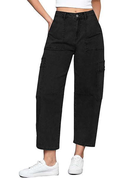 GRAPENT Barrel Jeans for Women Trendy High Waisted Cropped Cargo Pocket Baggy Stretch Denim Pants Wide Leg Tapered Jeans
