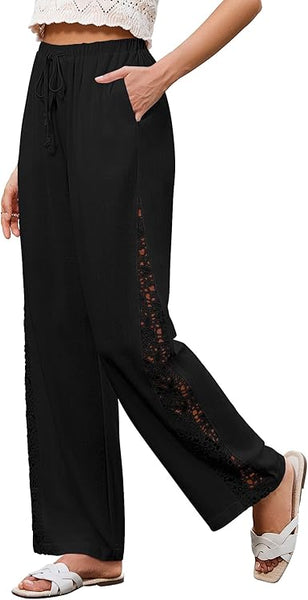 GRAPENT Linen Pants Women Wide Leg High Waisted Crochet Panel Pull On Elastic Waist Casual Summer Beach Vacation Pants