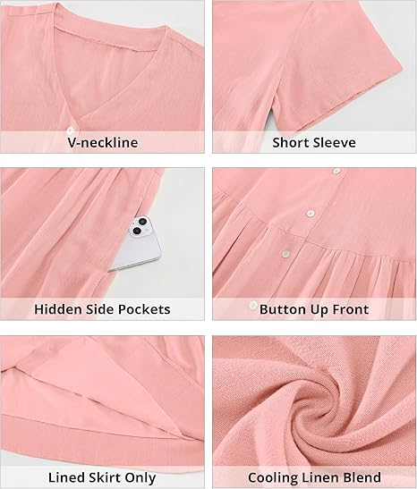 GRAPENT Linen Dresses for Women Casual Summer Babydoll Button Down Short Sleeve V Neck Above Knee Dress with Pockets