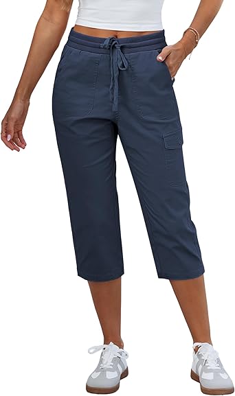GRAPENT Capri Pants for Women Cargo Elastic Waist Pull On Drawstring Summer Casual Capris Cotton Chino Cropped Pants