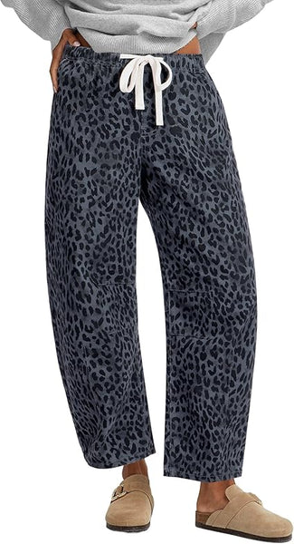 GRAPENT Barrel Jeans for Women Trendy High Waisted Pull On Wide Leg Cropped Leopard Cheetah Print Stretchy Denim Pants