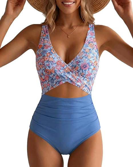 GPAPENT StrapCore One Piece Swimsuit Women V Neck Cross Front Cut Out Printed Color Block Ruched High Waisted Bathing Suits Swimwear