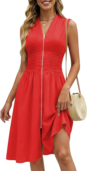 GRAPENT Linen Dresses for Women Summer Casual Flowy V Neck Sleeveless Smocked Zip Beach Vacation Midi Dress with Pockets