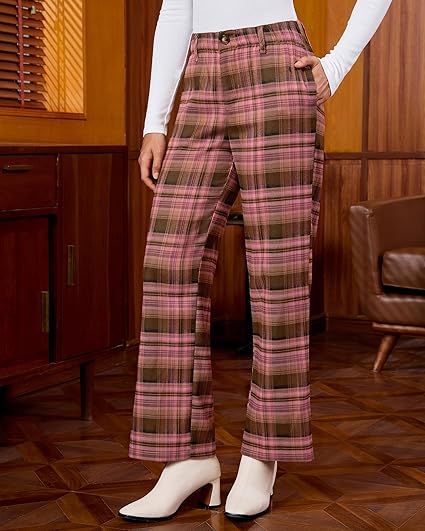 GRAPENT Plaid Pants for Women Wide Leg High Waisted Tartan Work Business Casual Elastic Waist Trousers Pants with Pocket