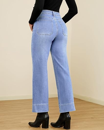 GRAPENT Wide Leg Jeans Woman Trendy High Waisted Patch Pocket Stretchy Denim Pants Vintage Casual Trouser Jeans
