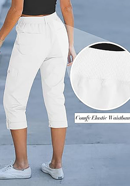 GRAPENT Cargo Capri Pants for Women High Waisted Relaxed Fit Elastic Knit Waist Casual Capris Trousers Cropped Pants