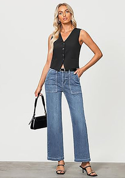 GRAPENT Jeans for Women High Waisted Straight Leg Jeans Stretchy Trendy Wide Leg Denim Pants Jean Trousers Patch Pockets
