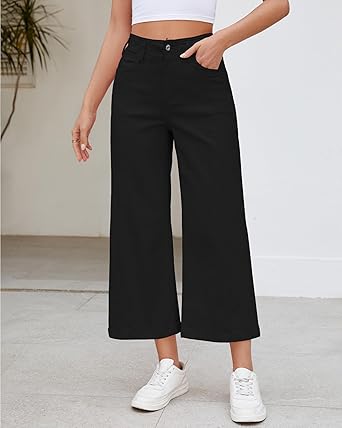 GRAPENT Wide Leg Jeans Woman Trendy Cropped High Waisted Front Seam Casual Stretchy Denim Trouser Jeans with Pockets