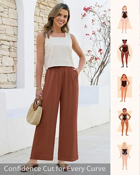 GRAPENT Linen Pants for Women Wide Leg High Waisted Paper Bag Smocked Waist Casual Summer Beach Vacation Palazzo Pants