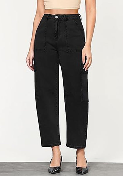 GRAPENT Barrel Jeans for Women Trendy High Waisted Cropped Cargo Pocket Baggy Stretch Denim Pants Wide Leg Tapered Jeans