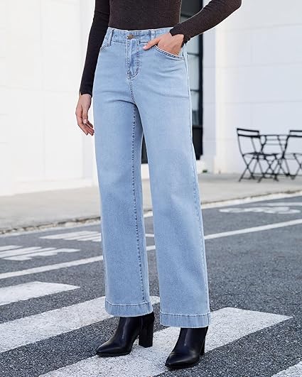 GRAPENT Wide Leg Jeans Woman High Waisted Trendy Stretchy Denim Pants Classic Trouser Jeans with Slash Pockets