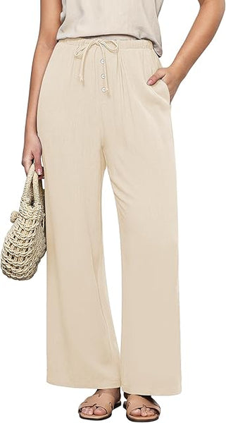 GRAPENT Linen Wide Leg Pants Woman High Waisted Pull On Button Drawstring Baggy Casual Summer Palazzo Pants with Pockets