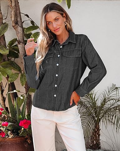 GRAPENT Women's Shirt Rugged Button Down Loose Durable Classic Fitted Denim Blouse Top