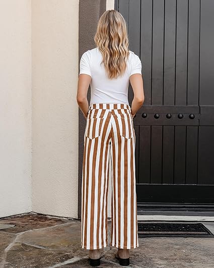 GRAPENT Women Jeans Striped Wide Leg High Waisted Trendy Stretchy Denim Pants Cute Casual Trouser Jeans with Pockets