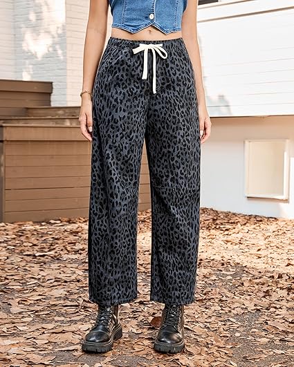 GRAPENT Barrel Jeans for Women Trendy High Waisted Pull On Wide Leg Cropped Leopard Cheetah Print Stretchy Denim Pants