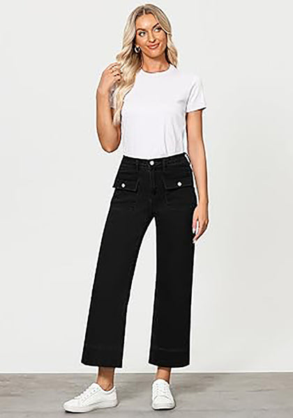 GRAPENT Wide Leg Jeans for Women Trendy High Waisted Straight Leg Cropped Stretchy Denim Pants with Retro Patch Pockets