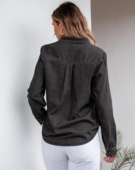 Grapent Women's Supima Cotton Wrinkle-free Relaxed Fit  Button Shirt Workwear-inspired Denim Shirt