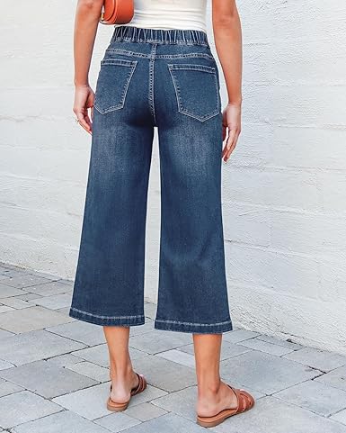 GRAPENT Capri Jeans for Women Wide Leg High Waisted Effortless Flow Pull On Stretchy Denim Elastic Waist Pants with Pockets