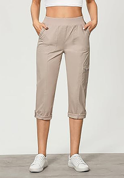 GRAPENT Capri Cargo Pants for Women High Waisted Pull On Elastic Waist Stretch Twill Fold Hem Capris Pants with Pockets