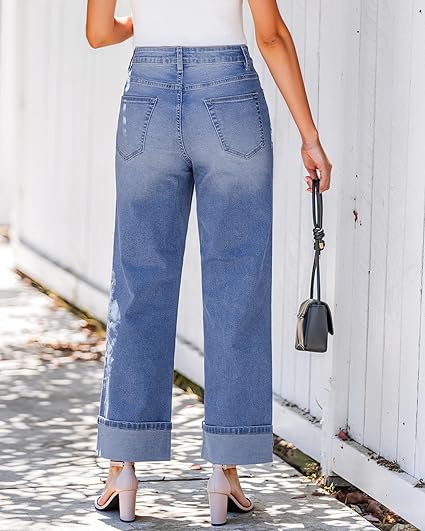 GRAPENT Wide Leg Jeans for Women Trendy High Waisted Cuffed Hem Stretchy Denim Trousers Pants Work Casual Jeans