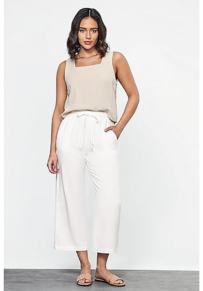 GRAPENT Linen Pants for Women High Waisted Wide Leg Capri Elastic Waist Casual Beach Flowy Cropped Summer Capris Pants