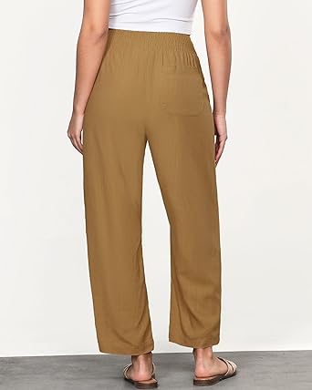 GRAPENT Linen Pants Women Wide Leg High Waisted Cropped Barrel Pull On Smocked Elastic Waist Summer Pants with Pockets