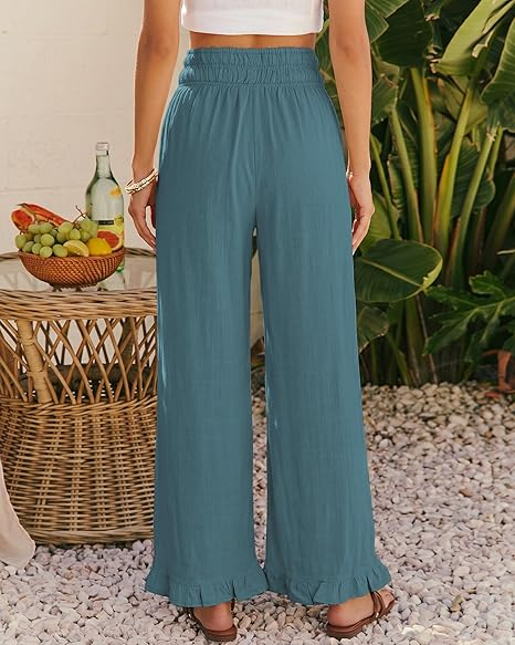 GRAPENT Linen Pants Women Wide Leg Ruffle Hem Pull On High Waisted Elastic Waist Cropped Ankle Casual Beach Summer Pants