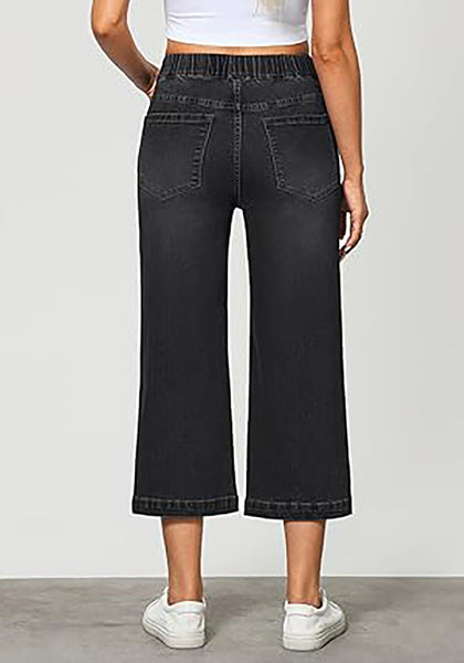 GRAPENT Capri Jeans for Women Wide Leg High Waisted Effortless Flow Pull On Stretchy Denim Elastic Waist Pants with Pockets