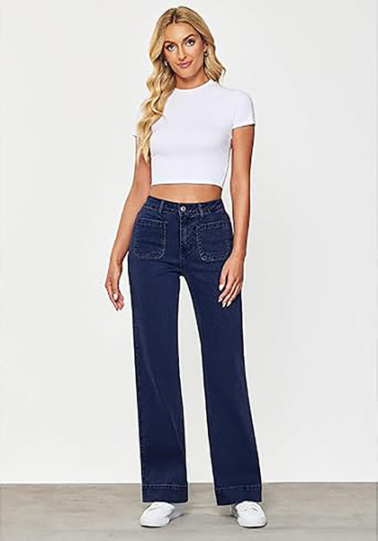 GRAPENT Women's Full Length Stretch Denim Regular Jeans High Waisted Bell Bottom