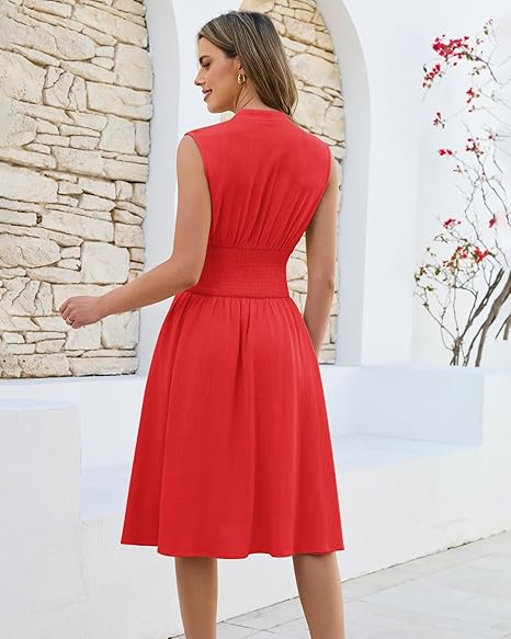 GRAPENT Linen Dresses for Women Summer Casual Flowy V Neck Sleeveless Smocked Zip Beach Vacation Midi Dress with Pockets