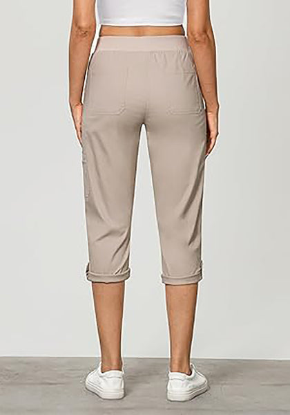 GRAPENT Capri Cargo Pants for Women High Waisted Pull On Elastic Waist Stretch Twill Fold Hem Capris Pants with Pockets