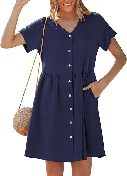 GRAPENT Linen Dresses for Women Casual Summer Babydoll Button Down Short Sleeve V Neck Above Knee Dress with Pockets