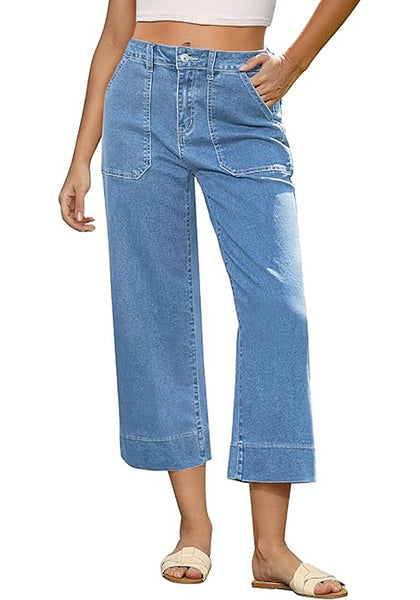 GRAPENT Capri Jeans for Women High Waisted Wide Leg Trendy Strechy Loose Straight Cropped Denim Jeans Pants with Pockets