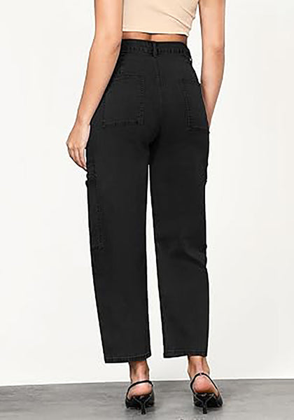 GRAPENT Barrel Jeans for Women Trendy High Waisted Cropped Cargo Pocket Baggy Stretch Denim Pants Wide Leg Tapered Jeans