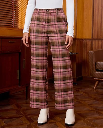 GRAPENT Plaid Pants for Women Wide Leg High Waisted Tartan Work Business Casual Elastic Waist Trousers Pants with Pocket