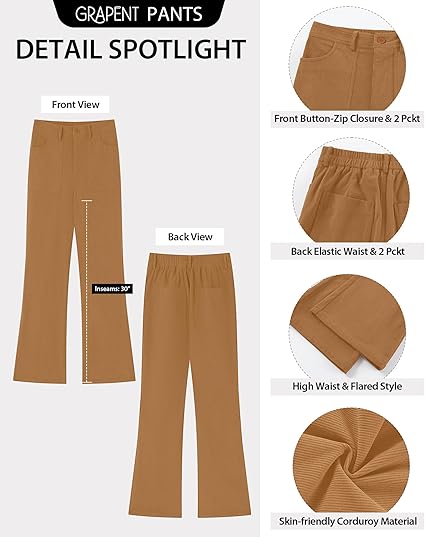 GRAPENT Corduroy Pants for Women Flare High Waisted Fall Winter Elastic Waist Stretchy Work Casual Trendy Wide Leg Pants