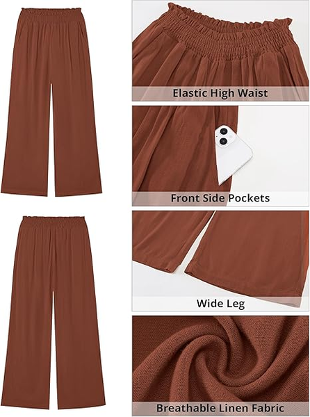 GRAPENT Linen Pants for Women Wide Leg High Waisted Paper Bag Smocked Waist Casual Summer Beach Vacation Palazzo Pants