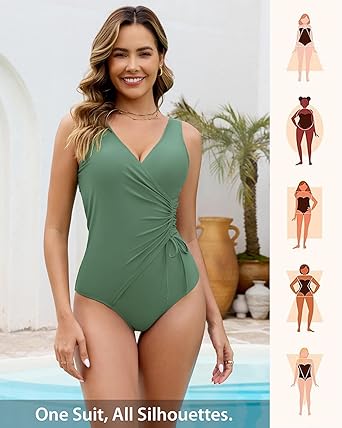 GRAPENT StrapCore One Piece Swimsuit Women V Neck Side Ruched Padded Cute Modest Bathing Suits Swimsuits Beach Vacation Swimwear