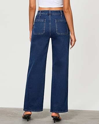 GRAPENT Wide Leg Jeans for Women Trendy High Waisted Loose Straight Leg Stretchy Retro Denim Pants with Pouch Pockets