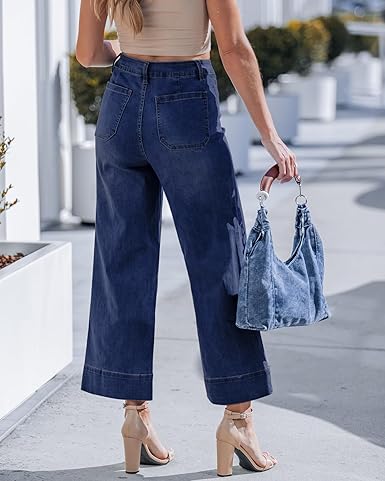 GRAPENT Wide Leg Jeans for Women Cropped Trendy High Waisted Welt Pocket Stretchy Denim Pants Distressed Trouser Jeans