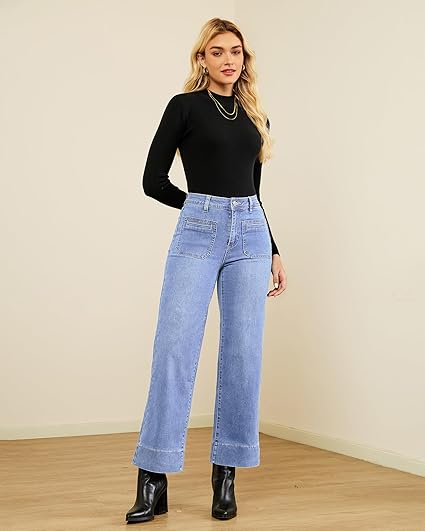 GRAPENT Wide Leg Jeans Woman Trendy High Waisted Patch Pocket Stretchy Denim Pants Vintage Casual Trouser Jeans