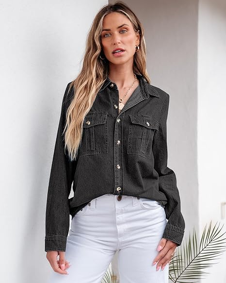 Grapent Women's Supima Cotton Wrinkle-free Relaxed Fit  Button Shirt Workwear-inspired Denim Shirt