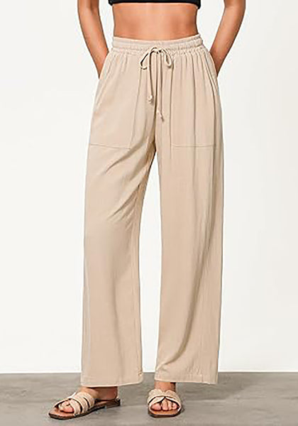 GRAPENT Linen Pants for Women Wide Leg High Waisted Baggy Drawstring Elastic Waist Palazzo Trousers Pants with Pockets