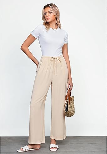GRAPENT Linen Wide Leg Pants Woman High Waisted Pull On Button Drawstring Baggy Casual Summer Palazzo Pants with Pockets
