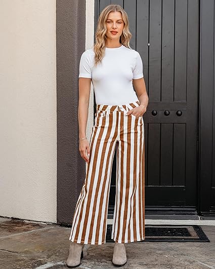 GRAPENT Women Jeans Striped Wide Leg High Waisted Trendy Stretchy Denim Pants Cute Casual Trouser Jeans with Pockets