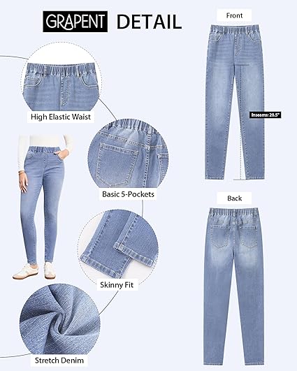 GRAPENT Skinny Jeans for Women High Waisted Trendy Pull On Elastic Waist Slim Jeggings Stretch Denim Pants Trouser Jeans
