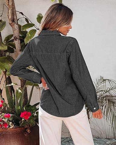 GRAPENT Women's Shirt Rugged Button Down Loose Durable Classic Fitted Denim Blouse Top